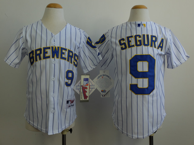 Youth Milwaukee Brewers 9 Segura White Stripe MLB Jerseys